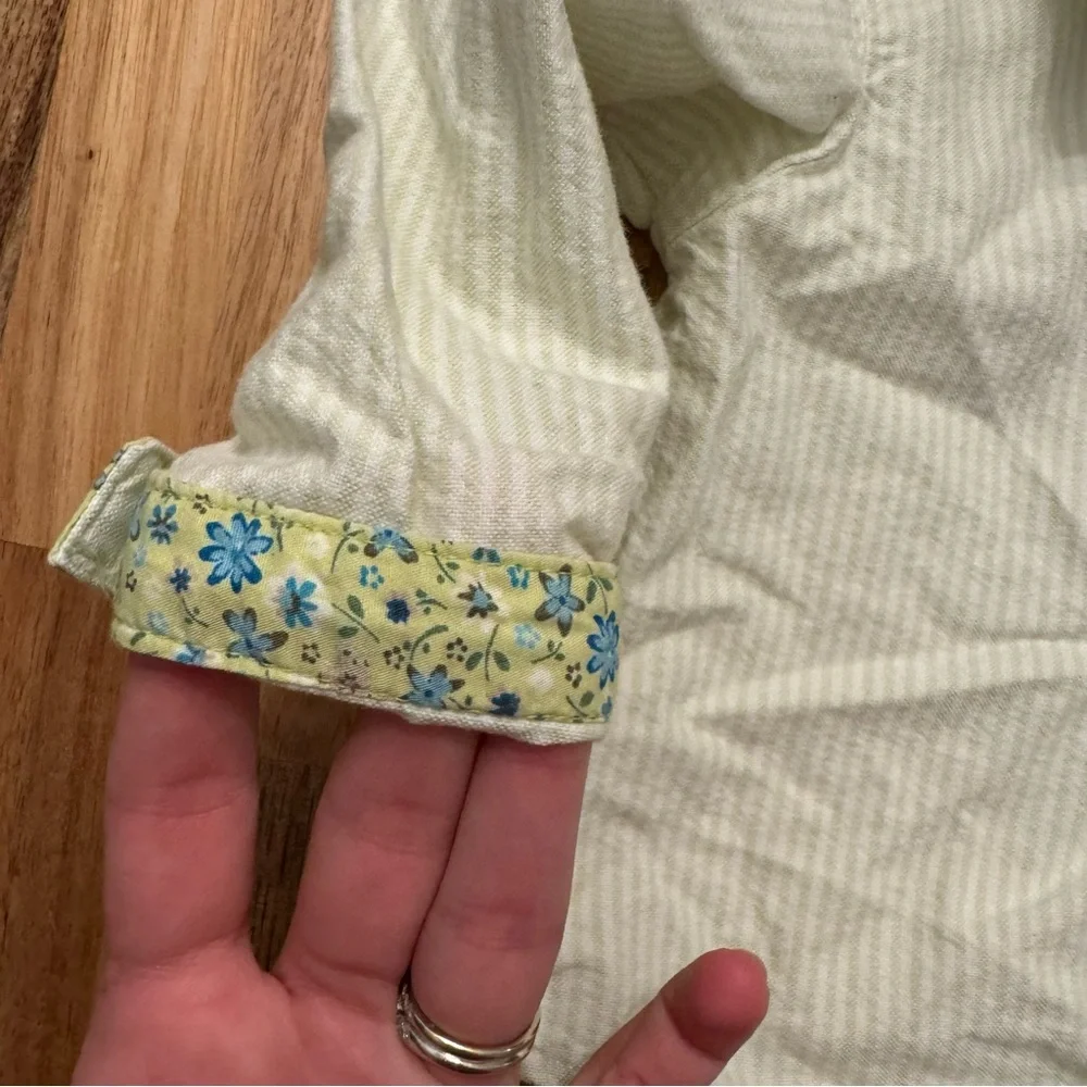 Old Navy Kids Green Pinstripe Button Down Shirt Floral Trim 12-18 Months Fall 05